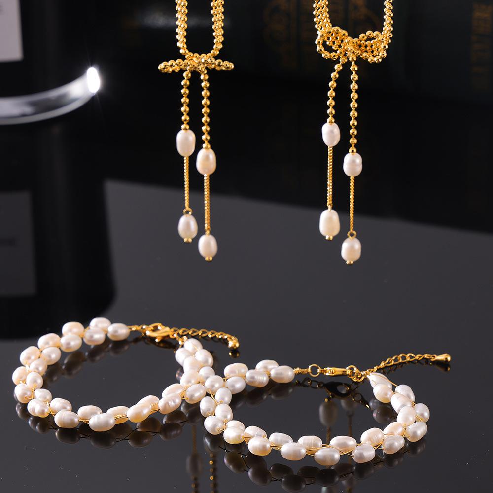 New Elegant Temperament Freshwater Pearl Bracelet Copper Plated 18K Real Gold Necklace Set