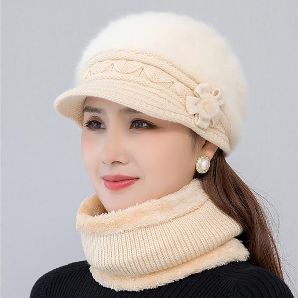 Winter Hat Keep Warm Cap Add Fur Lined Hat And Scarf Set Warm Hats For Female Casual Rabbit Fur Winter Knitted Hat