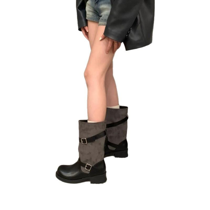 Belt buckle medium boots spring and autumn new brown fashion thick heel versatile and thin buckle outer wear short boots