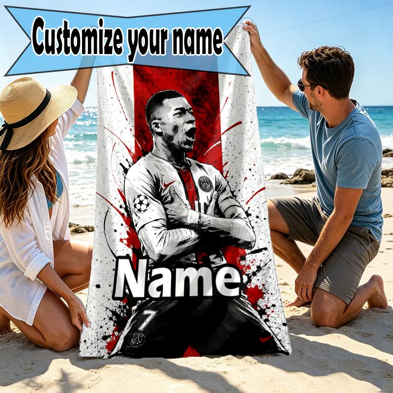 Custom Name Personalized Kylian Mbappe Print Beach Towel, for Trip Camping Beach Party Home Decor, Birthday Gift for Family & Friends