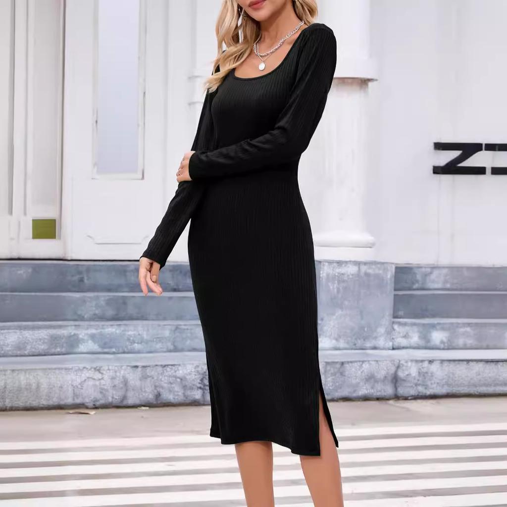 Женское однотонное платье с длинным рукавом, квадратным вырезом, облегающее и элегантное, длинное