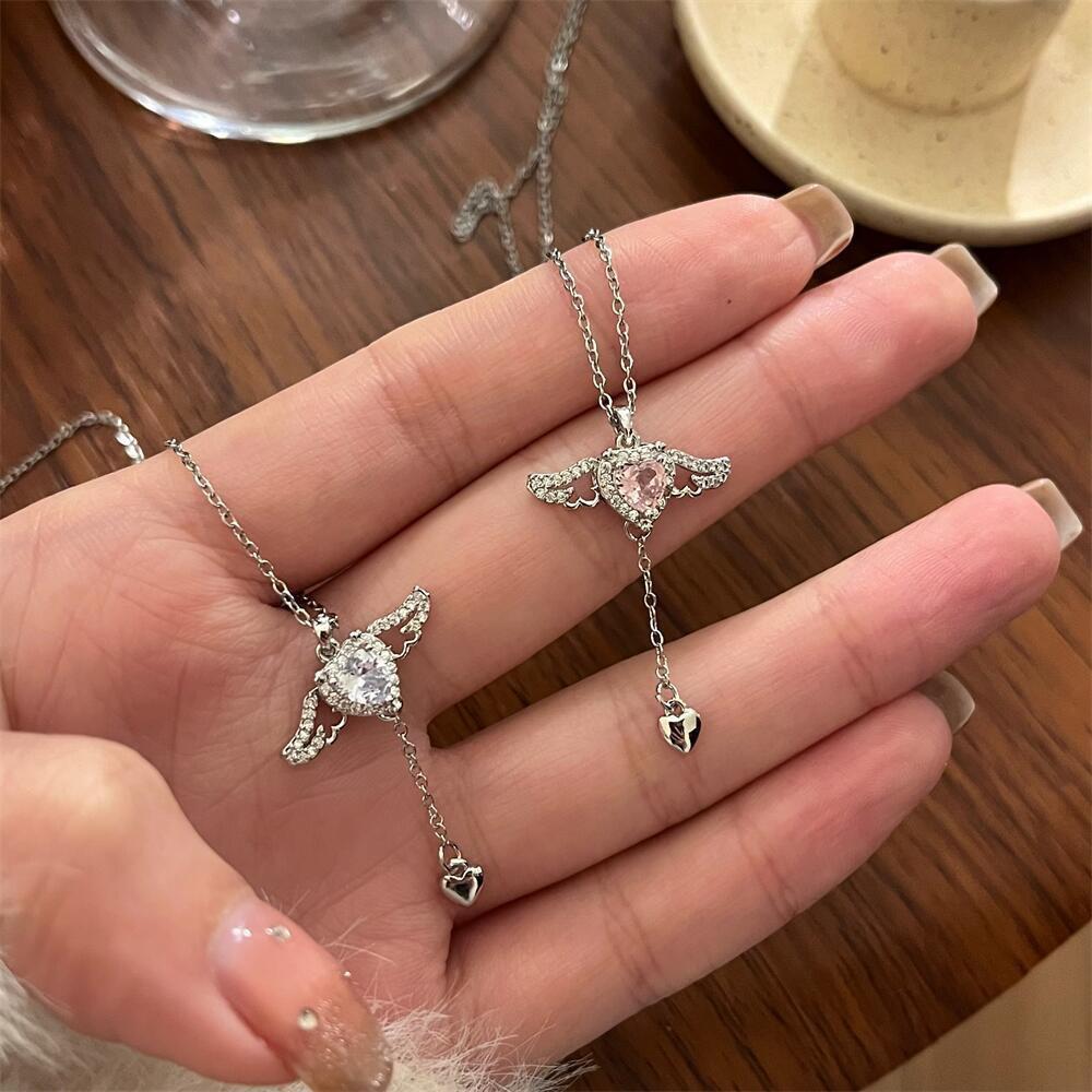 Pink Crystal Angel Wings Heart Pendant Necklace For Woman Minimalist Jewelry Girl's Neck Chain Clavicle Chain New Cupid Arrow