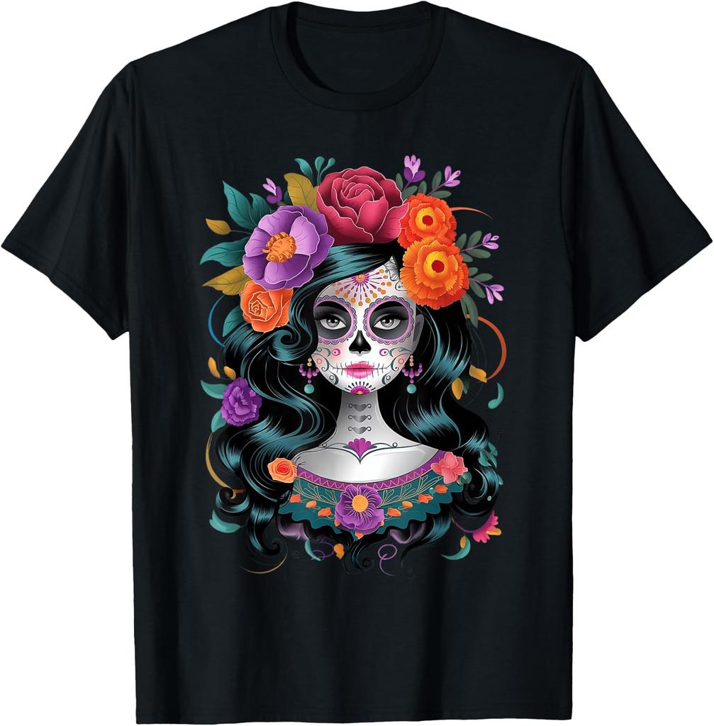 De Los Muertos La Catrina День Мёртвых Женская футболка с сахарным черепом