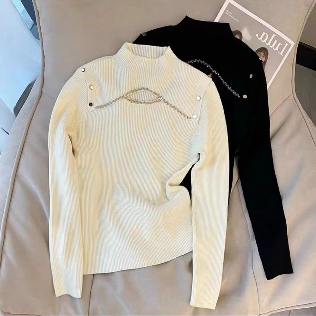 Полувысокий ворот с гвоздями и бусинами, ажурная модная трикотажная базовая рубашка для женщин с длинными рукавами, универсальный топ на осень и зиму