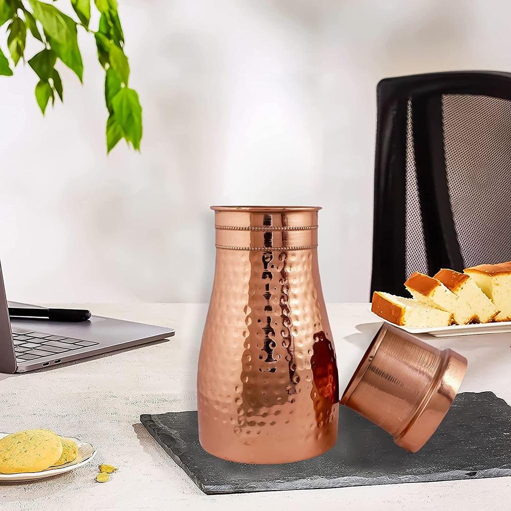 Copper Designer Copper Water Bottle | Pitchers | Water Jug | Bedroom Jar | Bedside Bottle Carafes with Tumbler/Glass with Lid 1250 ML (Hammered)