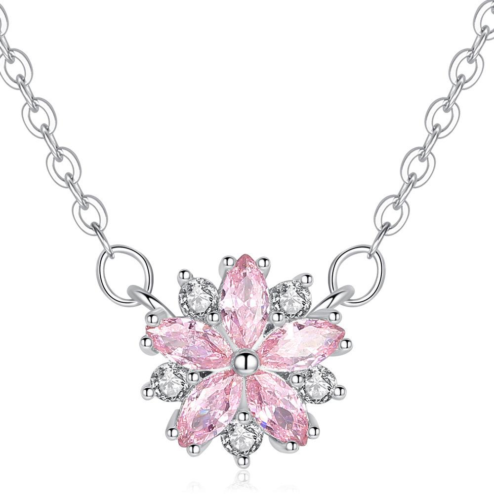 Korean Version Of Simple Temperament, Small Fresh Collarbone Chain, Fashion Creative Pink Cherry Blossom Necklace, Crystal Zircon Necklace