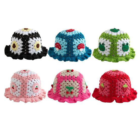 Мультяшная шерстяная шапка с аппликацией в виде вишневого гриба, вязаная шапка, полая, конфетного цвета, детский головной убор, ведро