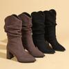 Fashion Women's Pleated Chunky Heel Pointed Toe Mid Calf Boots Comfortable Fashionable Sleeve Design for Winter Women's Boots