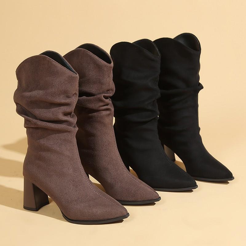 Fashion Women's Pleated Chunky Heel Pointed Toe Mid Calf Boots Comfortable Fashionable Sleeve Design for Winter Women's Boots