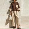 1116 European and American retro cotton and linen splicing set, long-sleeved crew neck top and wide-leg pants, women's cotton and linen splicing