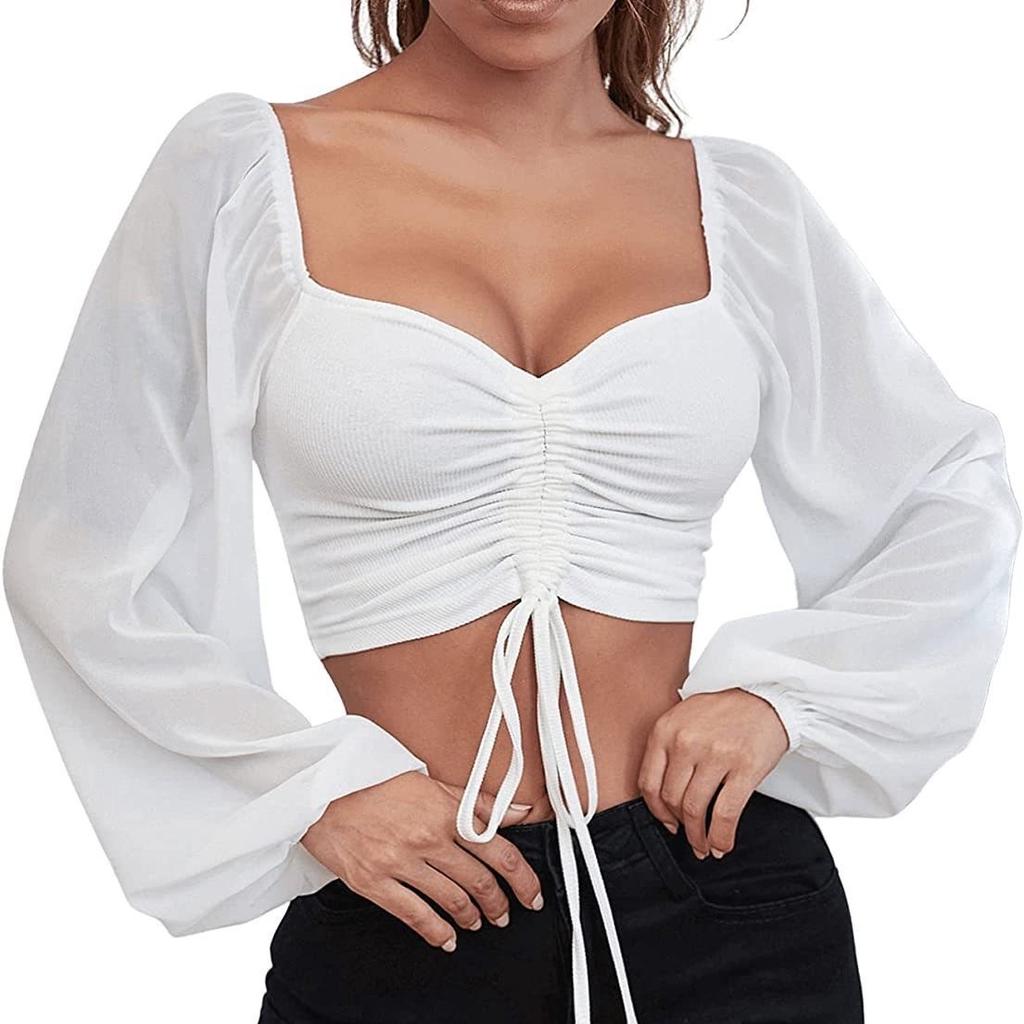 Ladies Blusas Summer Short Tshirt Woman Clothes Long Sleeve T Shirt Sexy V-neck Women T Shirt Casual Drawstring Crop Tops Tee