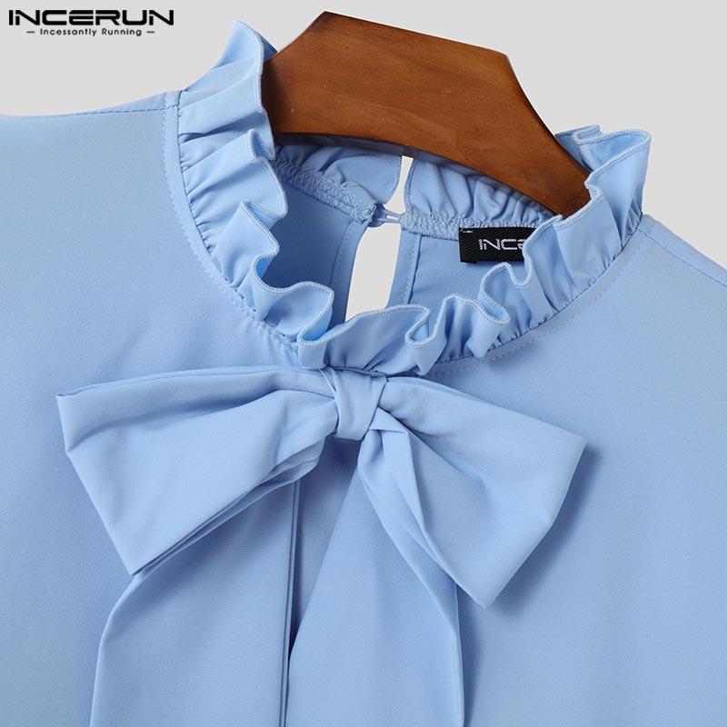 INCERUN Men Elegant Ruffled Neck Shirts Casual Bow Knot Long Sleeve Tops