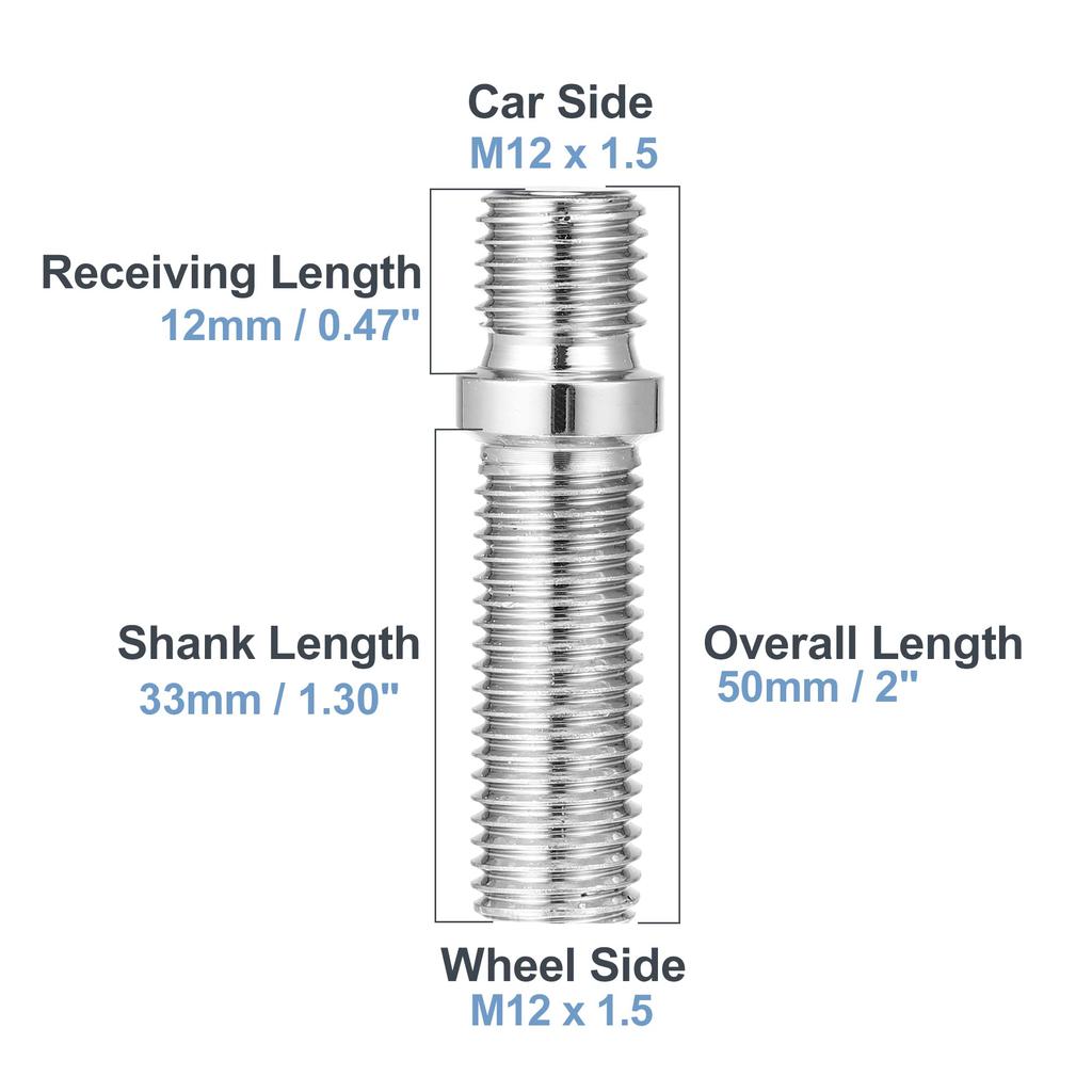 ACROPIX Wheel Stud Conversion M12x1.5-M12x1.5 Fits 50mm BM W Silver Tone 10pcs