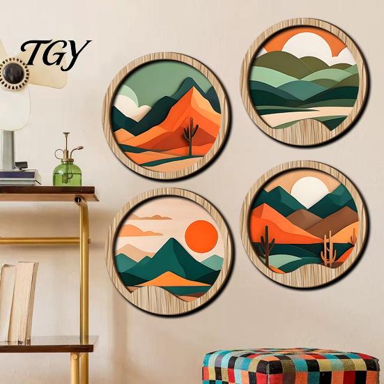 Rustic Wood Wall Sculptures Forest Sunset Scenery 2D Hanging, Boho Wooden Art Sign, Neutral Tone Ornaments Nature Tree Decor for Bedroom Living