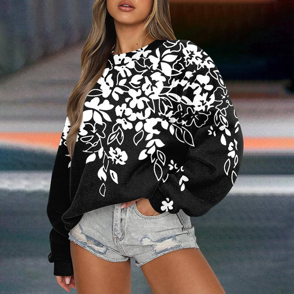 Женская повседневная мода ретро цветочный принт длинный рукав трикотажный спортивный топ свободного кроя