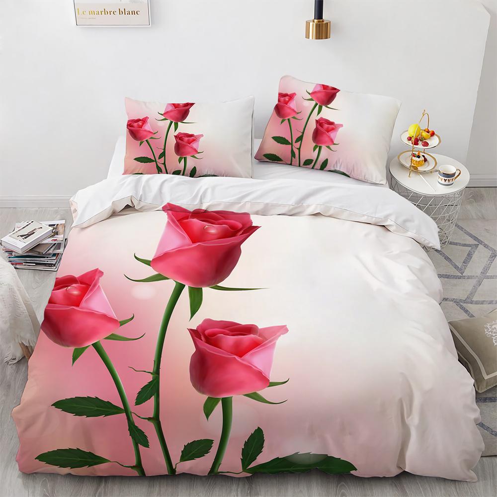 Rose Duvet Cover Set 3D Printed Romantic Theme Flower Bedding Set Valentine's Day Twin Polyester Comforter Cover With Pillowcase