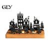 Farmhouse Candle Stand Christmas Town Silhouette Holder, Wooden Tea Light for Decorative Fireplace Accents Tabletop Decoration, Metal Festive and Home