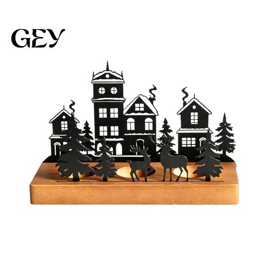 Farmhouse Candle Stand Christmas Town Silhouette Holder, Wooden Tea Light for Decorative Fireplace Accents Tabletop Decoration, Metal Festive and Home