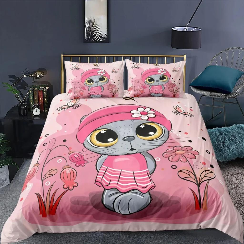 Cat Fashion Pig Cartoons Flat Comfortable Duvet Quilt Cover Pillowcase Bedding Set Children Bedroom Decoration Home Textile