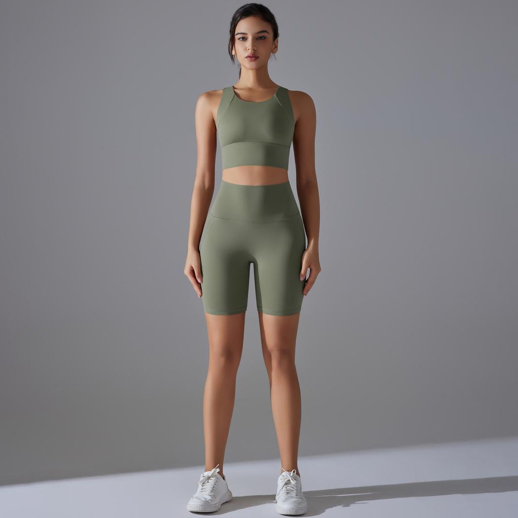 Nessaj Women Fitness Workout Clothes Solid Colour Sportswear Sleveless Vest Knit Biker Shorts Yoga Set