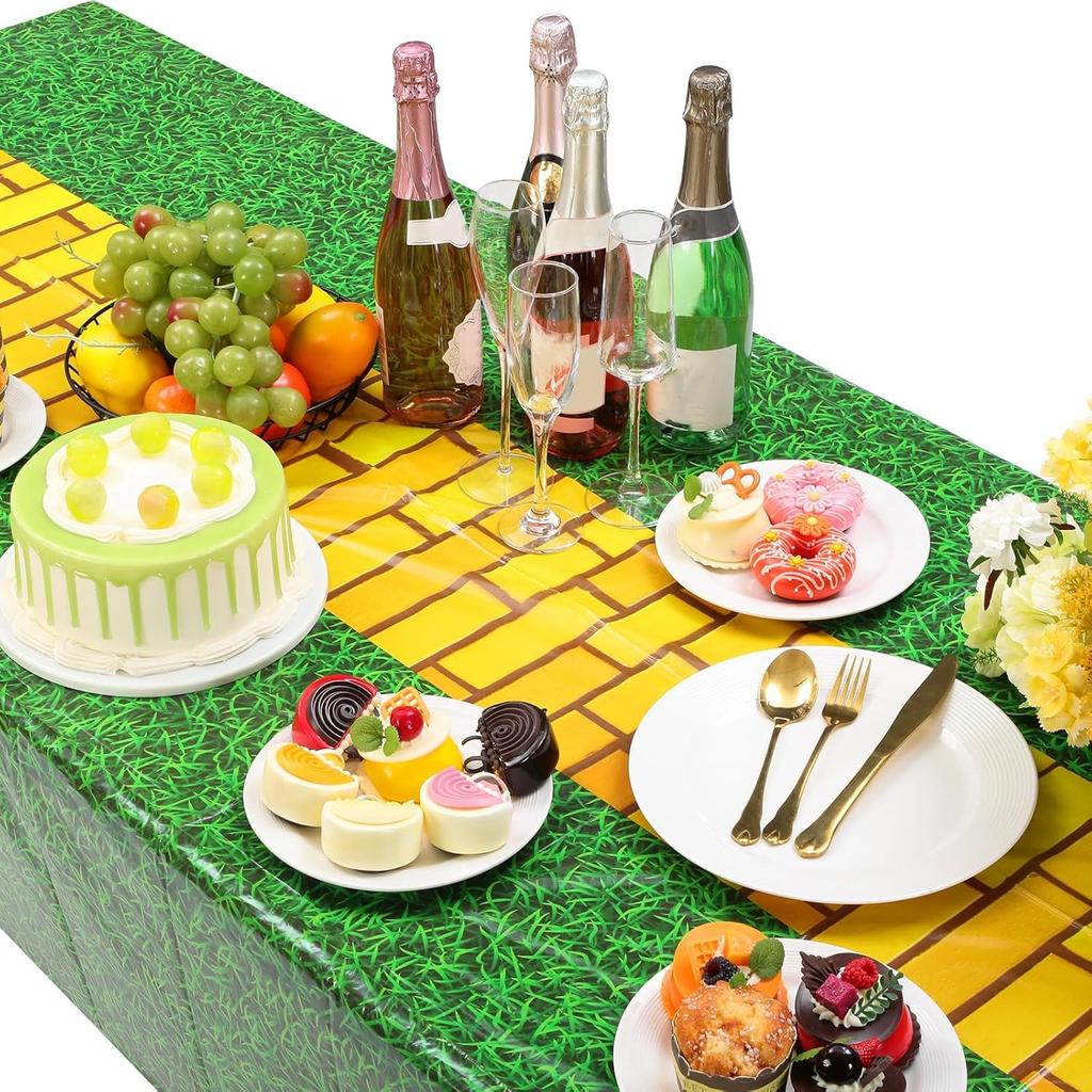 2 Pcs Yellow Brick Runner Tablecloth Cover Green Grass 54 x 87 Wizard Party Decoration Brick Backdrop Wall Waterproof Grass Field Plastic Table Cover