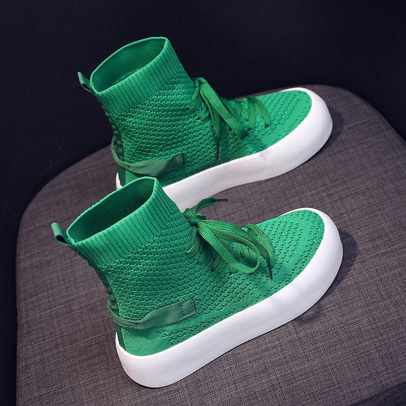 Женские трикотажные сапоги-носки из эластичной ткани 2024 года, осенние ботильоны на плоской платформе, женские зеленые туфли с толстой подошвой и полой сеткой