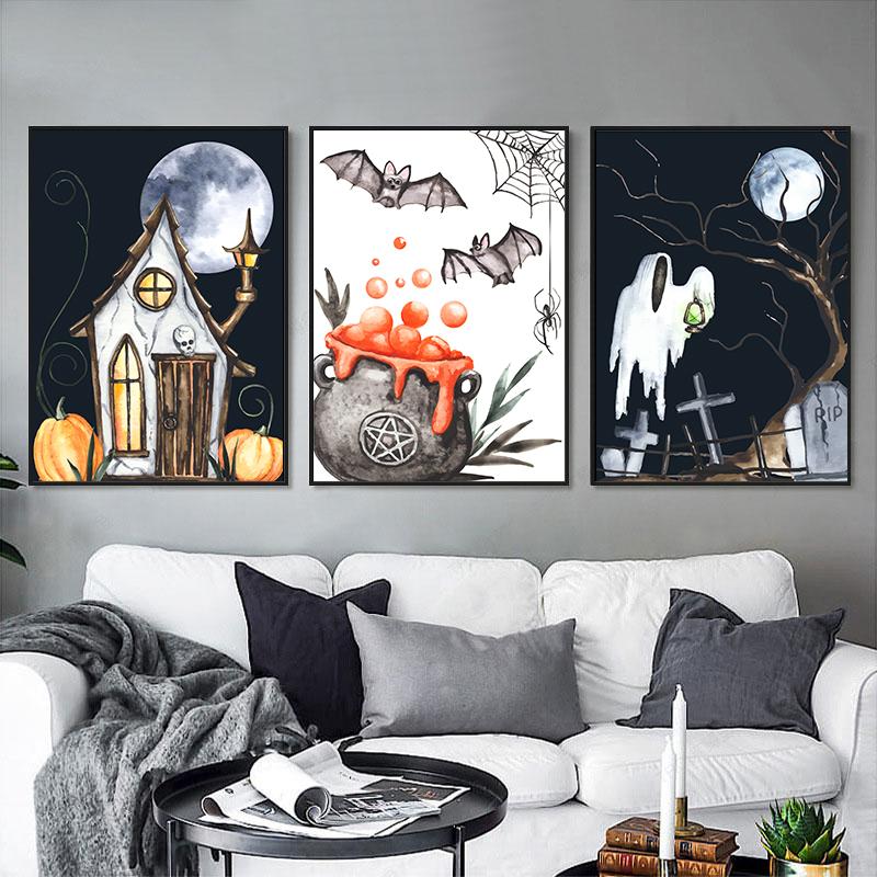 Black Skull Creative Wall Art Moon Kitten Scandinavian Poster Halloween Canvas Painting Wall Living Room Home Decoration