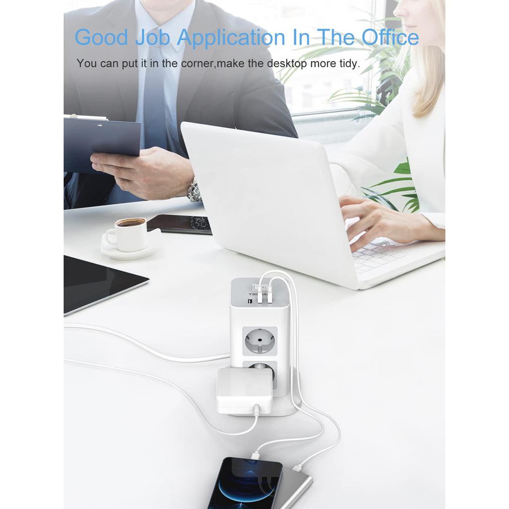 Tessan Удлинитель Tower с несколькими вилками, вертикальная розетка с переключателем, розетки 8/12, 3 порта USB, кабель 2 м, защита от перенапряжения для домашнего офиса