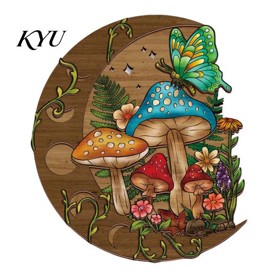 Unique Housewarming Gift Boho Moon Mushroom Wall Hanging Decor, Vintage Forest Multi-Layer Wooden Plaque, Floral Wood Cutout Decoration Butterfly