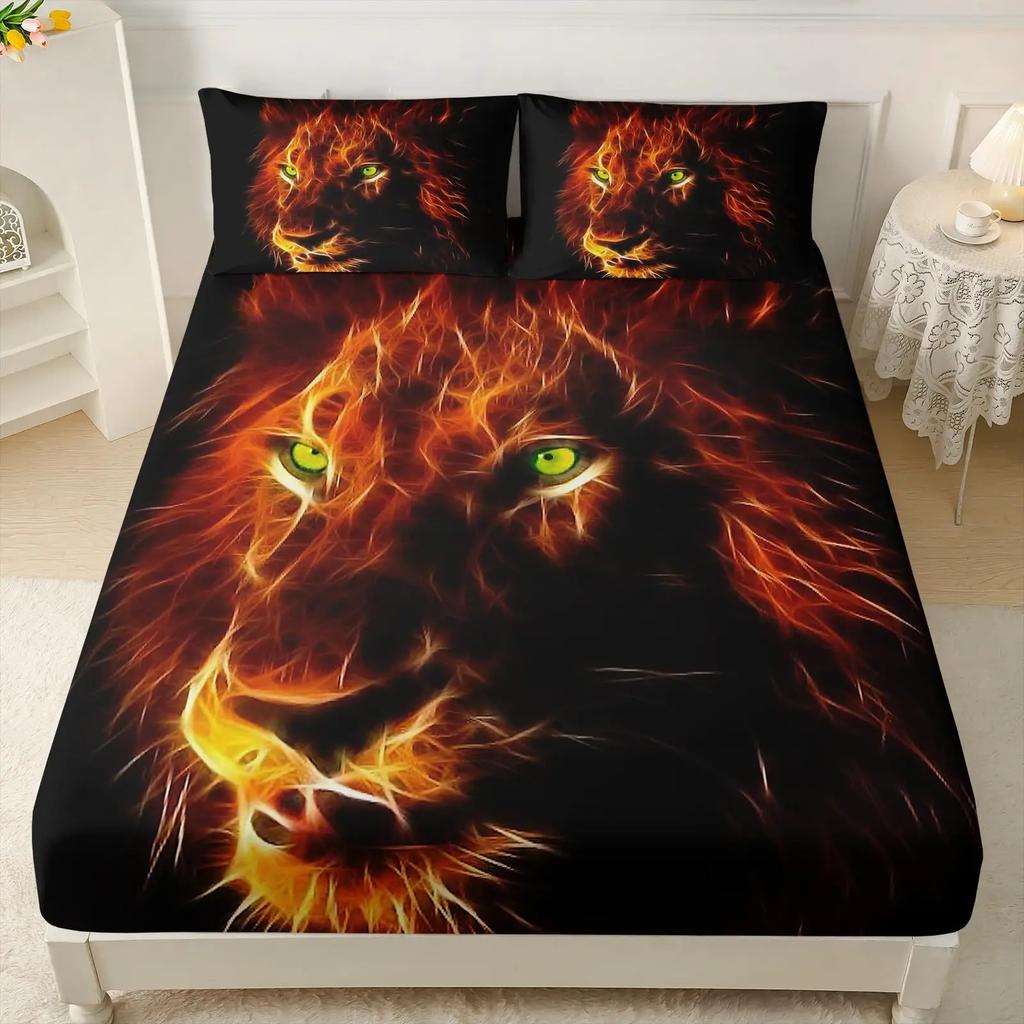 Wild Animal Tiger and Lion Fitted Sheets Super King Size, with 1 Pillowcases, Bed Sheets Bedroom Decor Gift, 30 Cm Deep Pocket