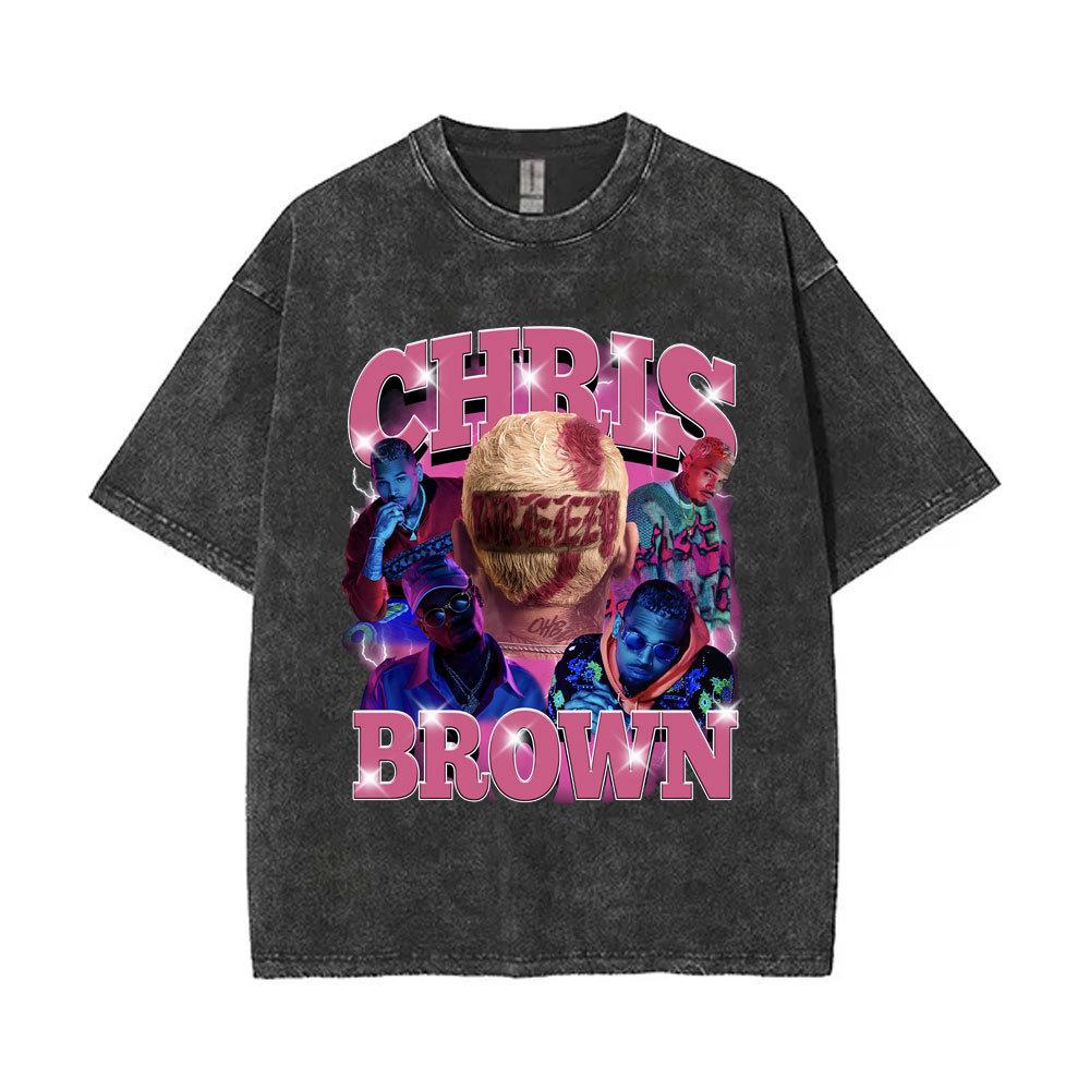Washed Chris Brown Breezy Bowl Xx Tour T-Shirts Men Hip