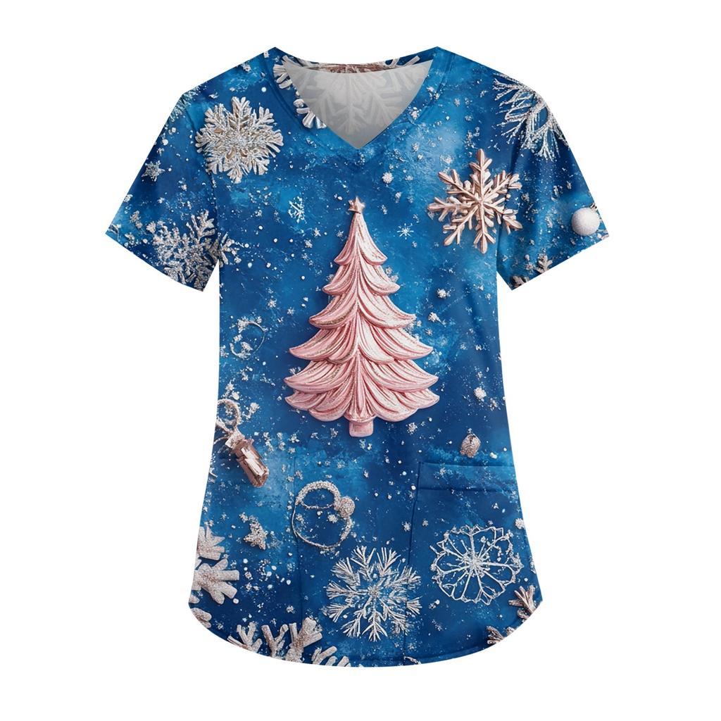 Женская мода V-образный вырез короткий рукав рабочая одежда с карманом рождественский принт топ