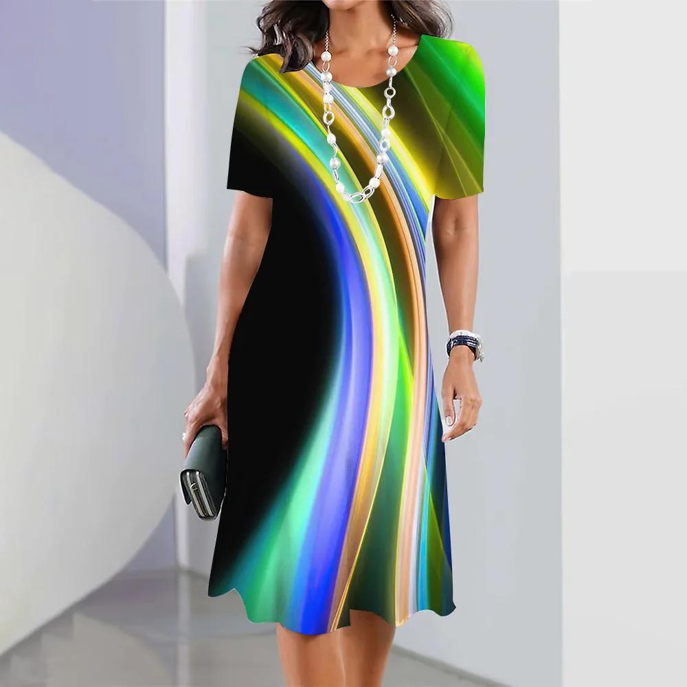 Летняя женская одежда Платья Ретро юбки А-силуэта 3D цветное блокирующее платье Вечеринка Элегантное платье с короткими рукавами Пуловер свободного покроя