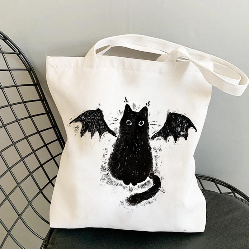 Cat Shopping Canvas Womens Bag Casual Large Capacity Shoulder Bags Reusable Shopper Tote Bags Fashion Harajuku Ulzzang Handbags