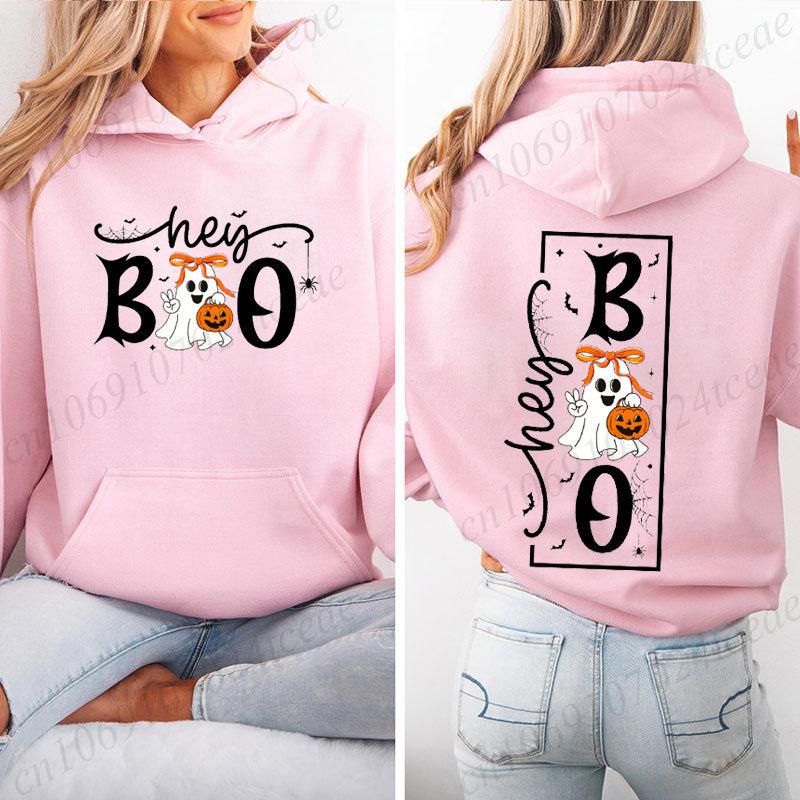 Retro Halloween Women Hoodies Hooded Sweatshirt Hey Boo Ghost Pumpkin Spider Graphic Sweatshirts Spooky Season Holiday Hoodies