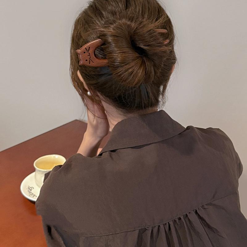 Wooden Hair Stick U-Shaped Hair Fork Cat Butterfly Chinese Style Hairpin Headwear Girl Hair Accessories