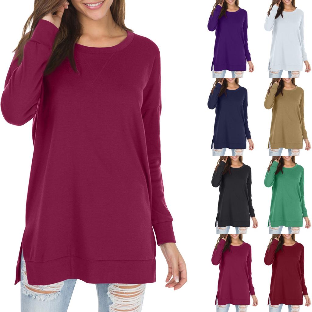 Women's Fall Long Sleeve Side Split Loose Blouses Casual Pullover Tunic Tops