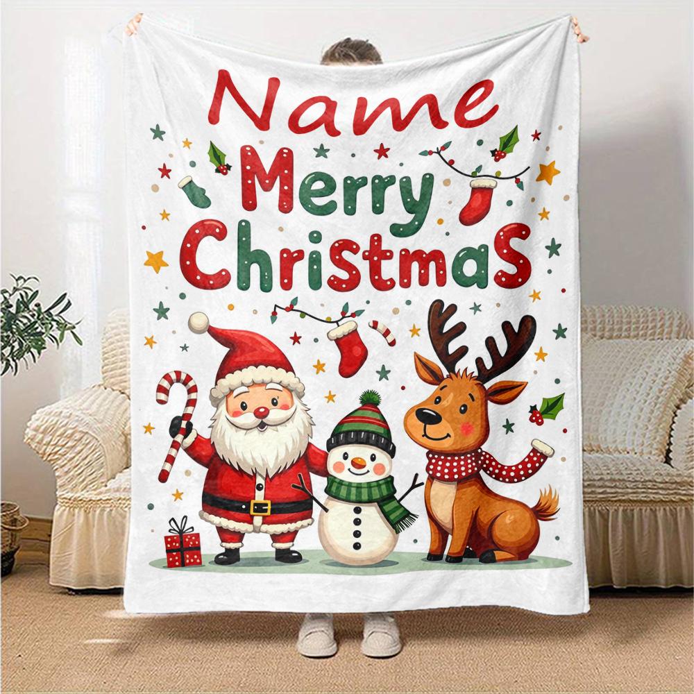 Custom Name Christmas Theme Printed Blanket - Perfect for Couch, Bed, Travel & Outdoor Use | Machine Washable, Cozy & Durable.