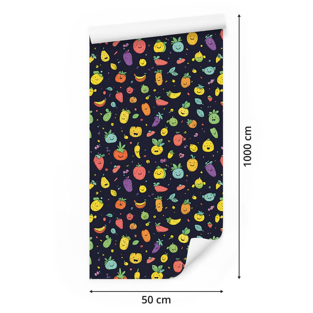 Kawaii Vegetables Wallpaper, Navy Blue and Yellow, for Living Room and Bedroom, 50x1000