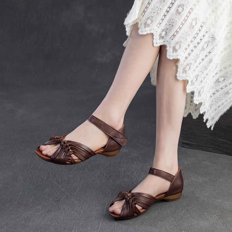 Fashion GKTINOO 2025 Summer New Peep Toed Hollowed Out Hand Woven Flat Sandals Genuine Leather Retro Low Heel Women's Shoes
