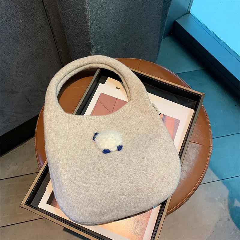 Korean Knitted Handbag Ins Fashion Tote Bag Soft Oval Shape Large Capacity Casual Commuting Handheld Shoulder Bag Women