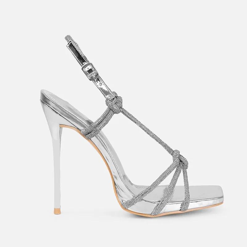 Sexy Peep Toe Square Head Thin High Heel Sandals Women Luxury Crystal Bling Cross-tied Ankle Buckle Stiletto Party Shoes