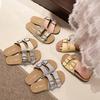 Fashion 2025 New Belt Buckle Slippers Women's Fashion Round Head Open Toe Metal Buckle Soft Soled Non-slip Wear-resistant Flat Shoes