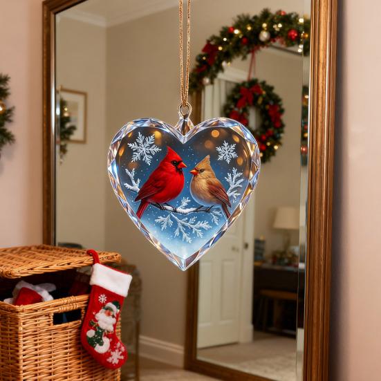 Red Birds Christmas Ornaments Couple Bird Heart Shaped Ornament for Xmas