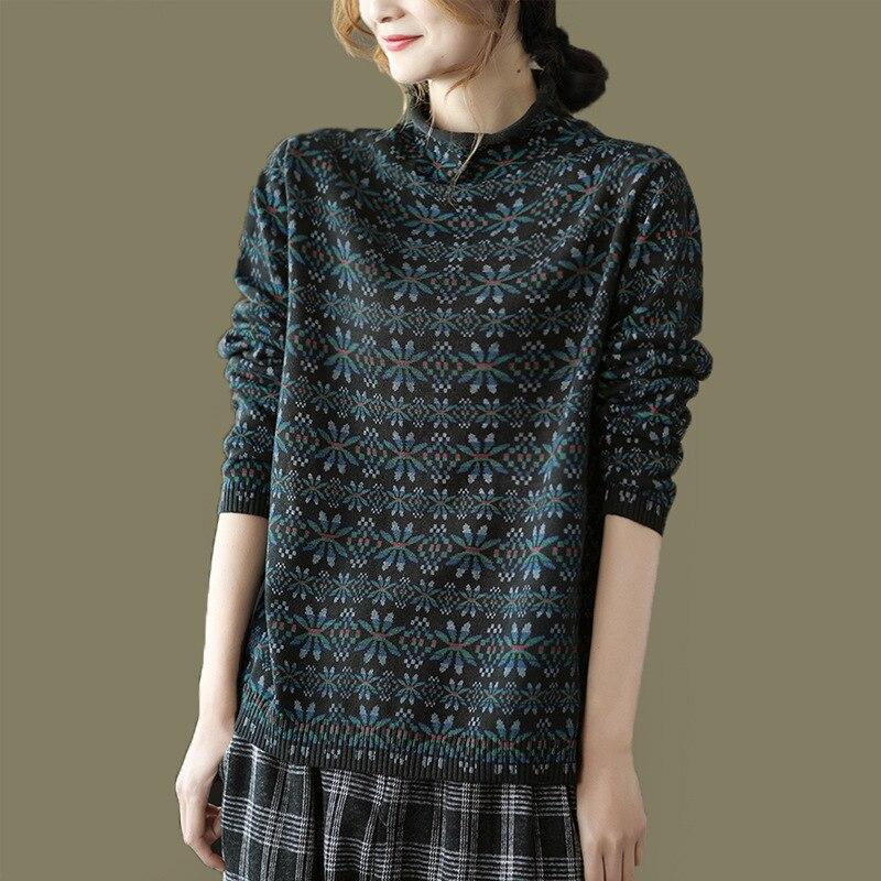 Женский винтажный свободный повседневный свитер с цветочным принтом, водолазка с длинными рукавами, зимний пуловер в китайском стиле