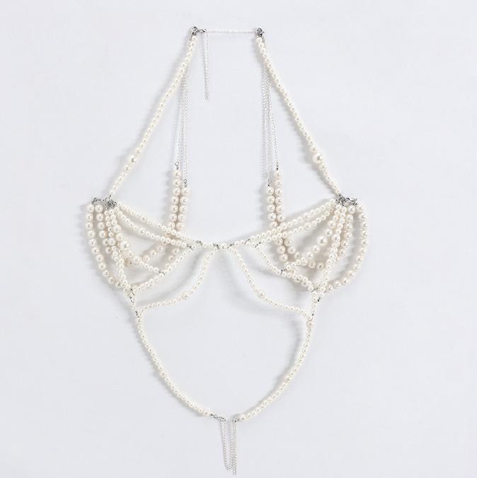 XH26918 Женская сексуальная майка-халтер с многослойной нагрудной цепочкой из искусственного жемчуга