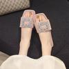 Wearing Square Head One-word Drag Rhinestone Square Buckle Middle Heel Sandals Women's Summer New Thick Heel Fashion Slippers Tide