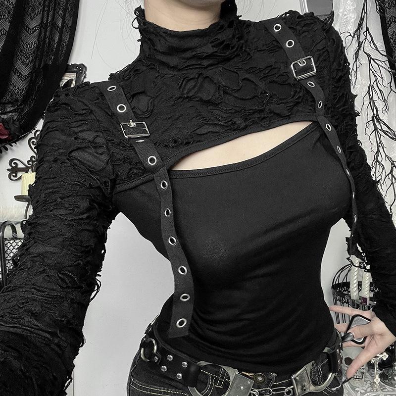 Футболка AltGoth Streetwear Gothic для женщин Y2k E-girl Cyber Punk с дырками на рукавах, лоскутное шитье, ажурная футболка с длинным рукавом, укороченная футболка Femme