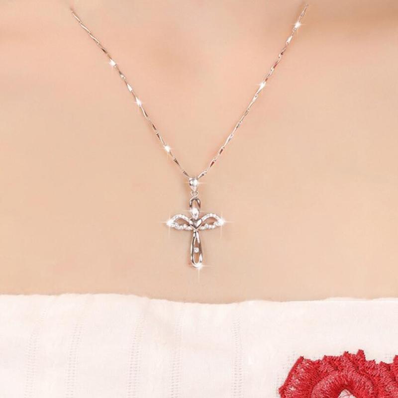 New Trendy 925 Silver Necklaces for Women Charming Love Heart Wings Cross Pendant Jewelry Girl Engagement Accessories