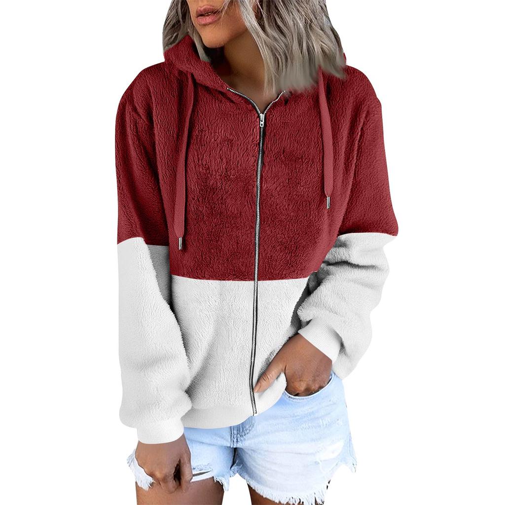 Women's Fashionable Warm Fleece Solid Color Hoodie Zipper Pocket Casual Jacket